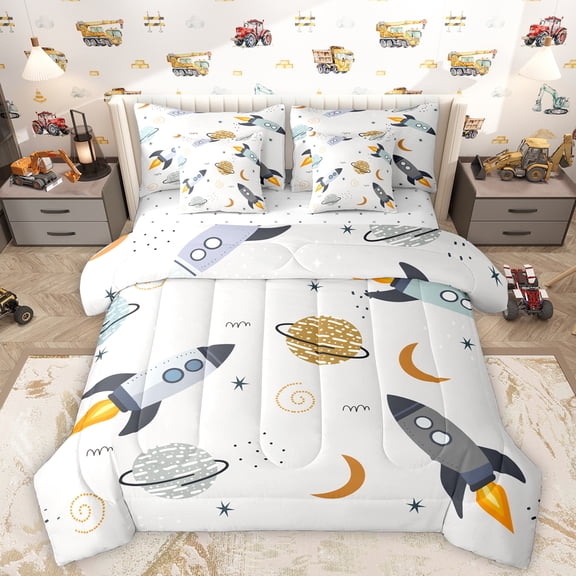 Homewish Cartoon Rocket 7-Piece Bedding Comforter Set,Outer Space King Bedding Sets,Universe Stars Planet Bed Sheets For Boys Kids,Microfiber Bedroom Decor Reversible