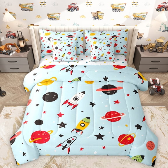 Homewish Cartoon Rocket 7 Pieces Bedding Comforter Set,Galaxy Planet Pattern Full Bedding Set,Blue Red Black Fitted Sheet Flat Sheet For Boys Kids,Microfiber Bedroom Decor Reversible