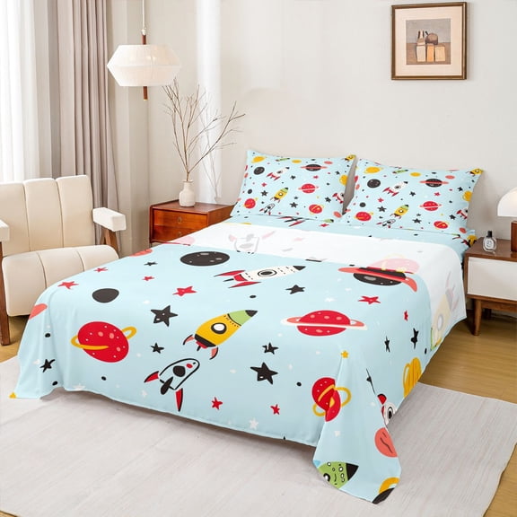 Homewish Cartoon Rocket Bed Sheets,Galaxy Planet Pattern King Sheets,Blue Red Black Sheet Set For Boys Kids,Microfiber Bedroom Decor,4pcs