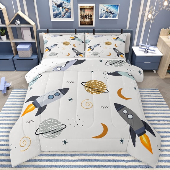 Homewish Cartoon Rocket Bedding Comforter Set,Outer Space Twin Comforter Sets,Universe Stars Planet Bedding Set For Boys Kids,Microfiber Bedroom Decor Reversible,2pcs
