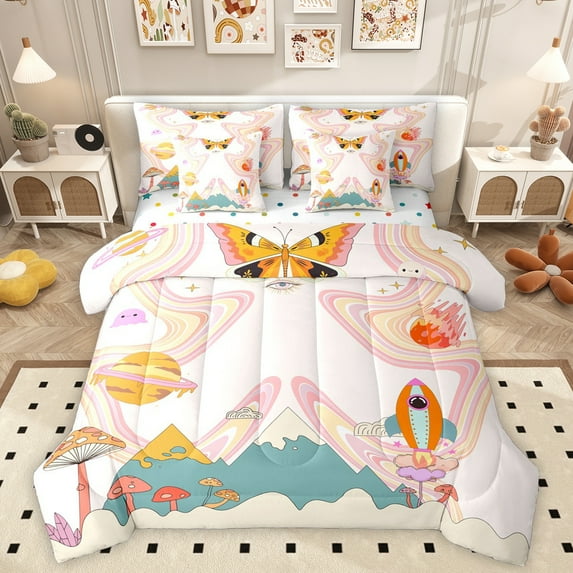 Homewish Cartoon Rocket Planet 7pcs Bedding Comforter Set,Cute Mushroom Queen Bedding Sets,Boho Style Moth Queen Sheet Sets For Kids,Ultra Soft Home Decor Reversible
