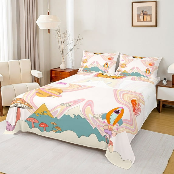 Homewish Cartoon Rocket Planet Full Size Sheets,Cute Mushroom Bed Sheets,Boho Style Moth Sheet Sets For Kids,Ultra Soft Home Decor,4pcs