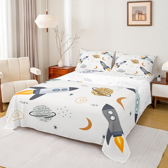Homewish Cartoon Rocket Queen Sheet Sets,Outer Space Flat Sheet,Universe Stars Planet Queen Fitted Sheet For Boys Kids,Microfiber Bedroom Decor,4 Pieces