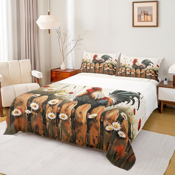Homewish Cartoon Rooster Child Twin Sheet Sets, Rustic Farmhouse Animal Twin Fitted Sheet, Groovy Daisy Floral Flat Sheet, Luxury Bedroom Decor, 3 Pieces
