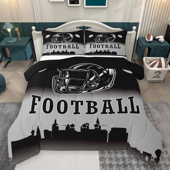 Homewish Cartoon Rugby Football Bedding Comforter Set for Boy, Lacrosse Sport Twin Comforter Sets, Black Grey Stripe Line Reversible Bedding Set, Lightweight Room Decor, 2-Piece