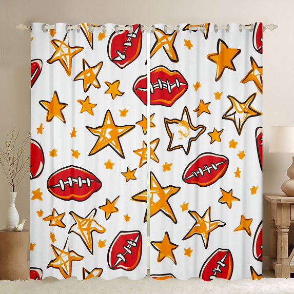 Homewish Cartoon Rugby Football Black Out Curtains, Gold Graffiti Stars Print Curtains Pack of 2 (42x63 Each), Teens Kids Boys Girls Bedroom Curtains, Blackout Curtains Room Decor