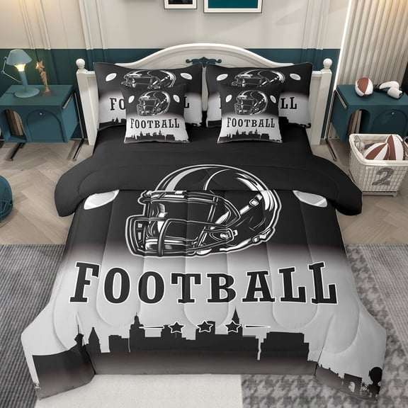Homewish Cartoon Rugby Football Twin Bedding Sets 7-Piece for Boy, Lacrosse Sport Bedding Comforter Set, Black Grey Stripe Line Reversible Sheet Sets, Lightweight Room Decor