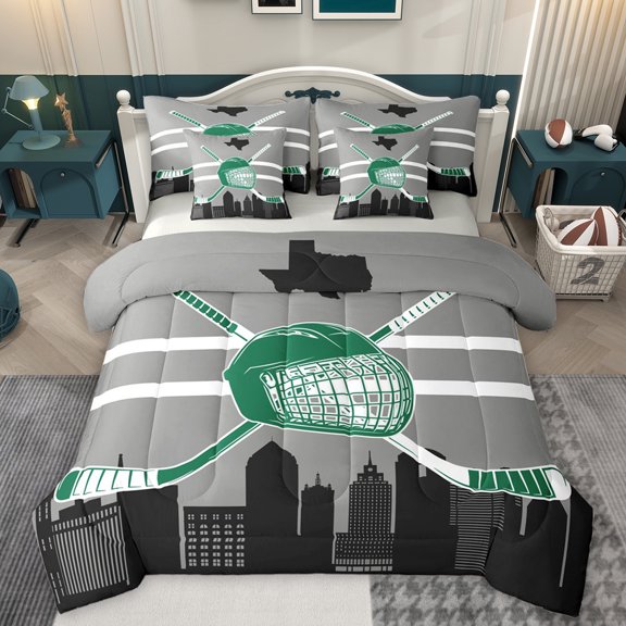 Homewish Cartoon Rugby Football Twin Bedding Sets 7-Piece for Boy, Lacrosse Sport Bedding Comforter Set, Grey Green Stripe Line Reversible Sheet Sets, Lightweight Room Decor