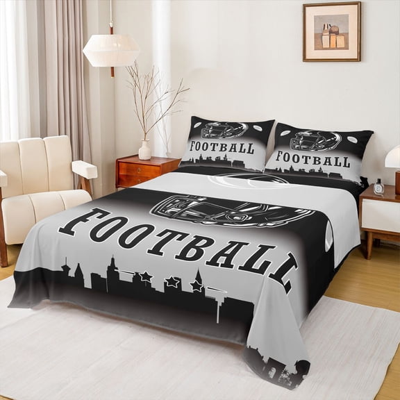 Homewish Cartoon Rugby Football Twin Sheet Sets for Boy, Lacrosse Sport Twin Fitted Sheet, Black Grey Stripe Line Flat Sheet, Lightweight Room Decor, 3-Piece