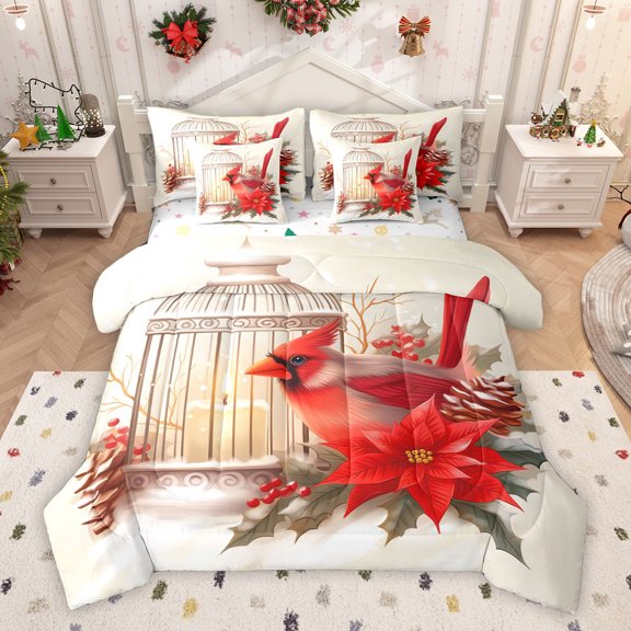 Homewish Cartoon Rustic Bird Bedding Comforter Set 7pcs, Winter Christmas Poinsettia King Bedding Sets, Western Lodge Cabin Reversible Bed Sheets, Ultra Soft Bedroom Decor