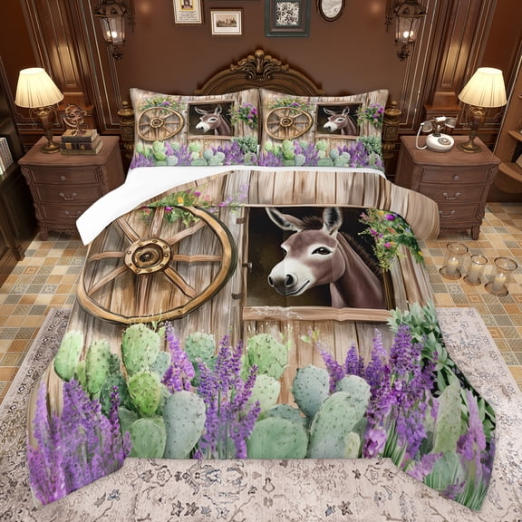 Homewish Cartoon Rustic Donkey Bedding Comforter Set for Kids, Western Green Cactus Twin Comforter Sets, Countryside Theme Bedding Set, Microfiber Bedroom Decor, 2pcs