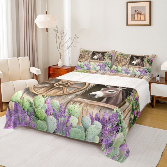 Homewish Cartoon Rustic Donkey Queen Sheet Sets for Kids, Western Green Cactus Flat Sheet, Countryside Theme Queen Fitted Sheet, Microfiber Bedroom Decor, 4pcs
