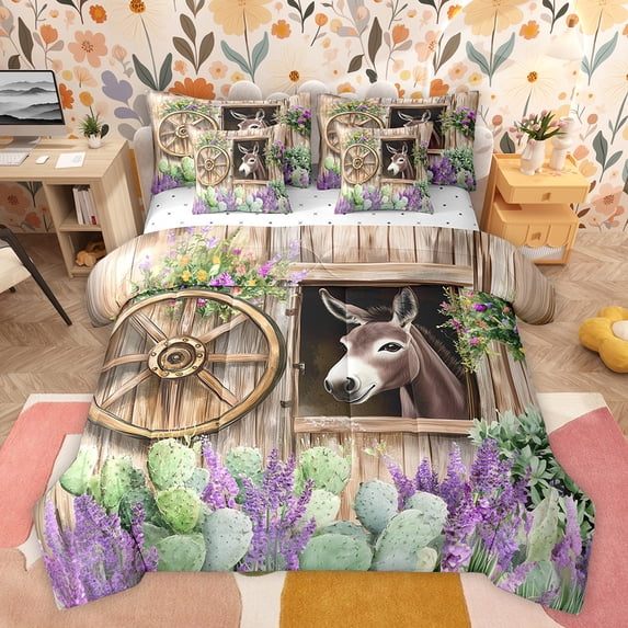 Homewish Cartoon Rustic Donkey Twin Bedding Sets 7-Piece for Kids, Western Green Cactus Bedding Comforter Set, Countryside Theme Sheet Sets, Microfiber Bedroom Decor