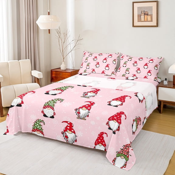 Homewish Cartoon Santa Claus Bed Sheets for Teen, Pink Winter Snowflake King Sheets, Kawaii Christmas Gnome Sheet Set, Super Cozy Room Decor, 4pcs
