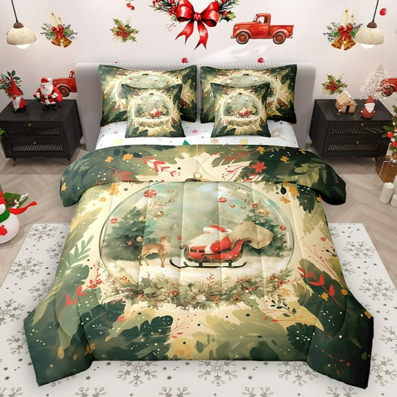 Homewish Cartoon Santa Claus Deer 7-Piece Twin Bedding Sets for Kids Children Teens,Merry Christmas Bedding Comforter Set,Xmas Festival Breathable Sheet Sets,Microfiber Bedroom Decor,Reversible
