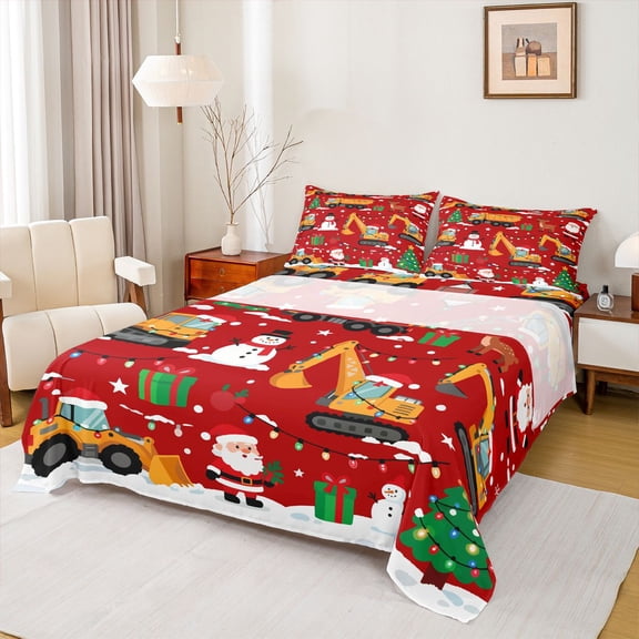 Homewish Cartoon Santa Claus Twin Sheet Sets,Cartoon Xmas Tree Snowman Twin Fitted Sheet,Orange Vehicle Truck Excavator Flat Sheet For Boys Kids,Ultra Soft Home Decor,3-Piece