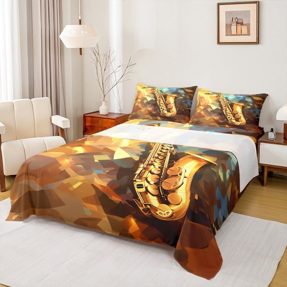 Homewish Cartoon Saxophone Bed Sheets for Men, Musical Instruments King Sheets, Vintage Oil Printing Sheet Set, Luxury Bedroom Decor, 4pcs