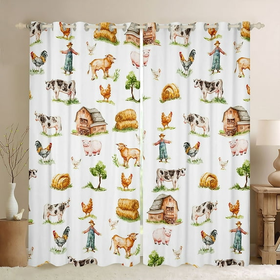 Homewish Cartoon Scarecrow Blackout Curtains Set of 2 (52x84 Each),Cute Highland Cattle Window Curtains,Country Farmhouse Lodge Curtains and Drapes For Boys Teens,Breathable Home Decor