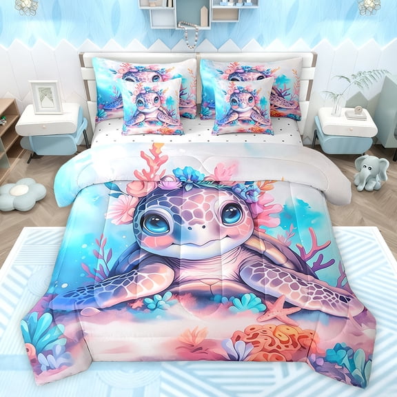 Homewish Cartoon Sea Turtle Bedding Comforter Set 7pcs, Dreamy Sea Coral Queen Bedding Sets, Watercolor Starfish Queen Sheet Sets, Lightweight Room Decor
