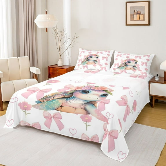 Homewish Cartoon Sea Turtle Full Size Sheets for Teens, Cute Flower Floral Bed Sheets, Pink Bowknot Ribbon Sheet Sets, Luxury Bedroom Decor, 4 Pieces