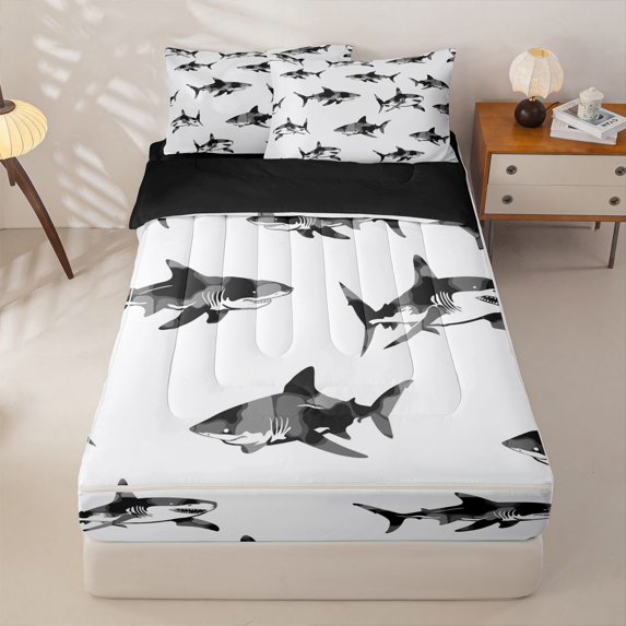Homewish Cartoon Sealife Kids Zipper Full Size Comforter Sets with Fitted Sheet and 2 Pillowcases, Ocean Shark Zipper Bedding Set, Black Reversible, 4-Piece