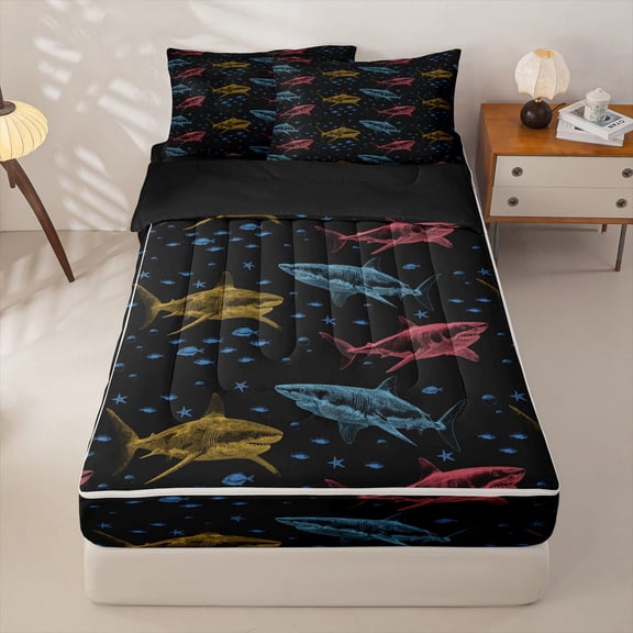 Homewish Cartoon Shark Kids Zipper Full Size Comforter Sets with Fitted Sheet and 2 Pillowcases, Ocean Fish Zipper Bedding Set, Black Reversible, Black Reversible, 4 Pieces