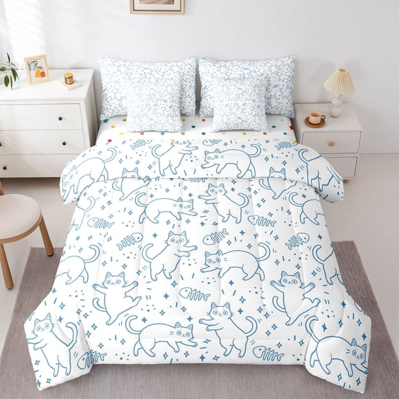 Homewish Cartoon Sketch Cats 7pcs Queen Bedding,Kawaii Animals Bedding Comforter Set Queen,White,Polkadot Reversible