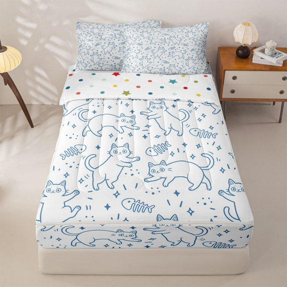 Homewish Cartoon Sketch Cats Zipper Twin Comforter Sets with Fitted Sheet and 2 Pillowcases,Kawaii Animals Zipper Bedding Set,White,Polkadot Reversible,4pcs