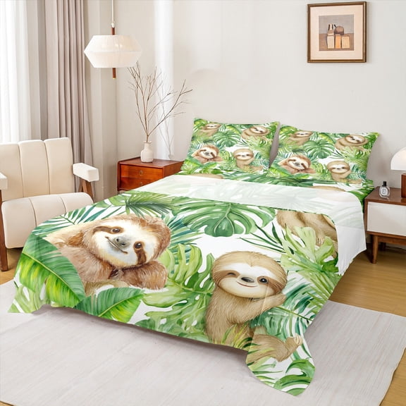 Homewish Cartoon Sloth Full Size Sheets 4-Piece for Kids Children Teens,Jungle Animal Breathable Bed Sheets,Green Tropical Leaves Lightweight Sheet Sets,Breathable Home Decor