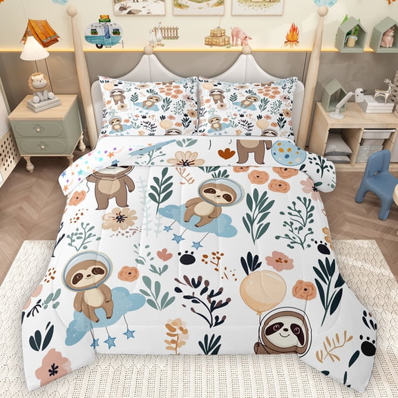 Homewish Cartoon Sloth Queen Comforter Set,Rustic Flower Leaf Bedding Sets,White Brown Bedding Comforter Set For Boys Kids,Super Cozy Room Decor Reversible,3pcs