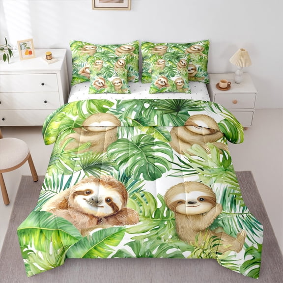 Homewish Cartoon Sloth Twin Bedding Sets 7-Piece for Kids Children Teens,Jungle Animal Bedding Comforter Set Microfiber,Green Tropical Leaves Breathable Sheet Sets,Breathable Home Decor,Reversible