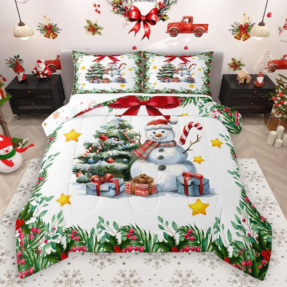 Homewish Cartoon Snowman 2pcs Bedding Comforter Set for Teens Boys Girls,Bow Christmas Tree Twin Comforter Sets,Xmas Festival Breathable Bedding Set,Microfiber Bedroom Decor,Reversible