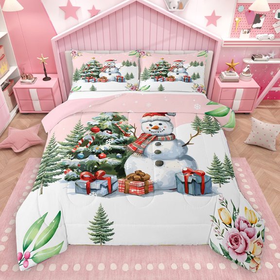 Homewish Cartoon Snowman 3-Piece Full Size Comforter Sets for Kids Children,Merry Christmas Tree Bedding Comforter Set,Happy Xmas Lightweight Bedding Sets,Lightweight Room Decor,Reversible