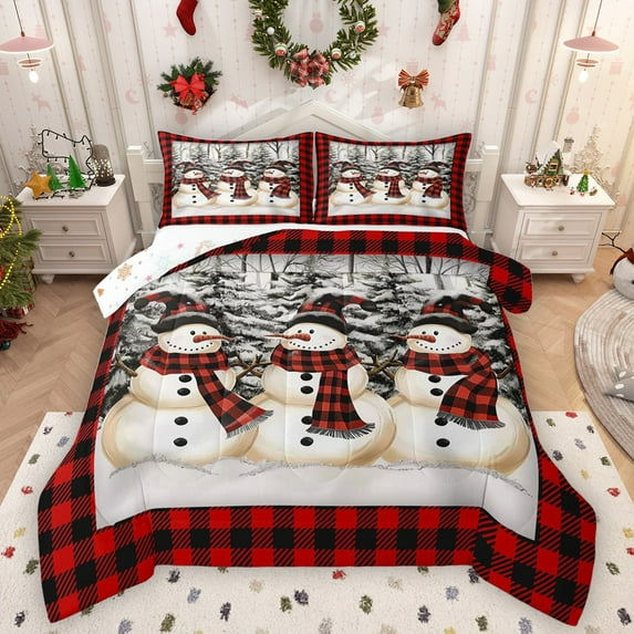 Homewish Cartoon Snowman 3 Pieces Queen Comforter Set for Preppy Child Kids,Geometric Plaid Grid Ultra Soft Bedding Sets,Merry Christmas Bedding Comforter Set Breathable,Super Cozy Room Decor