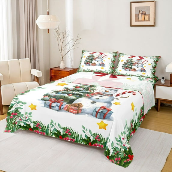 Homewish Cartoon Snowman 4 Pieces Queen Sheet Sets for Teens Boys Girls,Bow Christmas Tree Ultra Soft Flat Sheet,Xmas Festival Queen Fitted Sheet,Microfiber Bedroom Decor