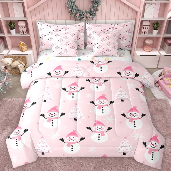 Homewish Cartoon Snowman 7-Piece Bedding Comforter Set,Merry Christmas King Bedding Sets,Pink White Bed Sheets For Girl Kids,Super Cozy Room Decor Reversible