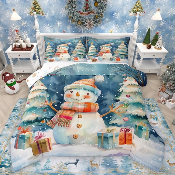Homewish Cartoon Snowman Bedding Comforter Set 2pcs for Preppy Child Kids,Happy Xmas Gifts Twin Comforter Sets Microfiber,Merry Christmas Tree Breathable Bedding Set,Super Cozy Room Decor,Reversible