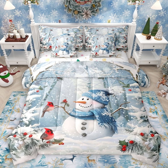 Homewish Cartoon Snowman Bedding Comforter Set 7-Piece for Preppy Child Kids,Happy Xmas Cardinal Bird King Bedding Sets,Merry Christmas Ultra Soft Bed Sheets,Super Cozy Room Decor,Reversible