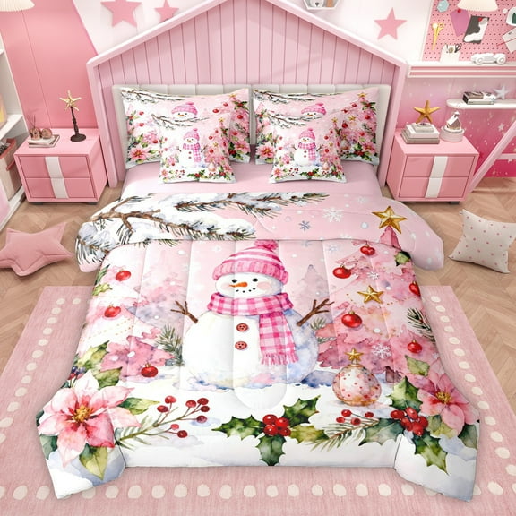 Homewish Cartoon Snowman Child Bedding Comforter Set 7pcs, Pink Watercolor Artwork King Bedding Sets, Merry Christmas Reversible Bed Sheets, Lightweight Room Decor