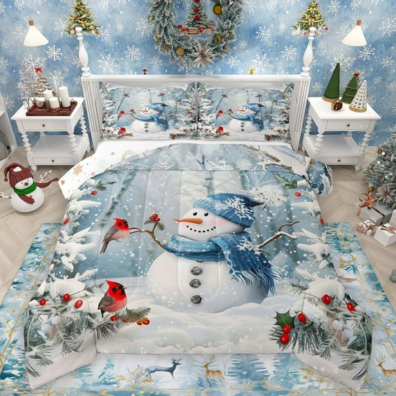 Homewish Cartoon Snowman Full Size Comforter Sets 3-Piece for Preppy Child Kids,Happy Xmas Cardinal Bird Bedding Comforter Set,Merry Christmas Lightweight Bedding Sets,Super Cozy Room Decor