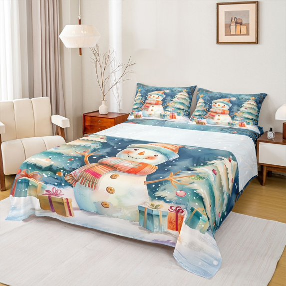 Homewish Cartoon Snowman Twin Sheet Sets 3pcs for Preppy Child Kids,Happy Xmas Gifts Twin Fitted Sheet Microfiber,Merry Christmas Tree Breathable Flat Sheet,Super Cozy Room Decor