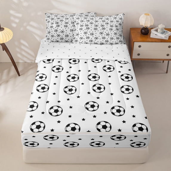 Homewish Cartoon Soccer Pattern Zipper Full Size Comforter Sets with Fitted Sheet and 2 Pillowcases,Boys Football Sport Theme Kids Zipper Bedding Set,Reversible,4 Pieces