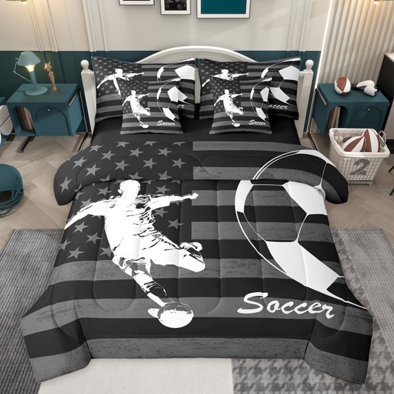 Homewish Cartoon Soccer Print Bedding Comforter Set 7pcs for Kids, Football Sports Athlete Queen Bedding Sets, Vintage US Flag Reversible Queen Sheet Sets, Breathable Home Decor