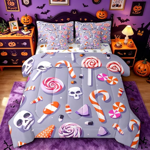 Homewish Cartoon Spooky Skull Full Size Bedding Sets for Kids, Pink Purple Swirl Lollipop Full Size Bed in a Bag, Halloween Reversible, 7 Pieces