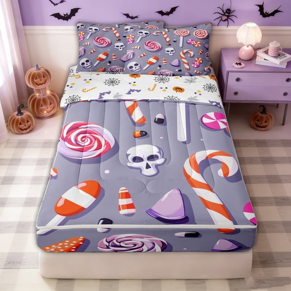 Homewish Cartoon Spooky Skull Zipper Queen Comforter Set with Fitted Sheet and 2 Pillowcases for Kids, Pink Purple Swirl Lollipop Zipper Bedding Set, Halloween Reversible, 4 Pieces