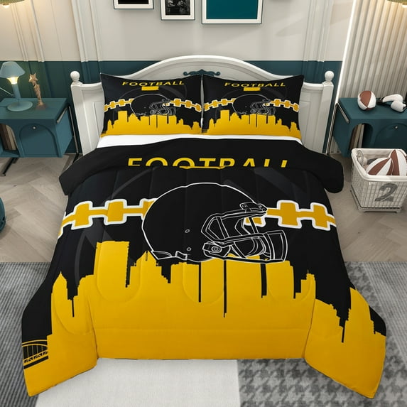 Homewish Cartoon Sport Helmet Full Size Comforter Sets for Teen, Modern Football Soccer Lover Bedding Comforter Set, White Gold Reversible Bedding Sets, Super Cozy Room Decor, 3-Piece