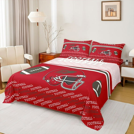 Homewish Cartoon Sport Helmet Full Size Sheets for Teen, Modern Football Soccer Lover Bed Sheets, Crimson Brown Sheet Sets, Super Cozy Room Decor, 4-Piece