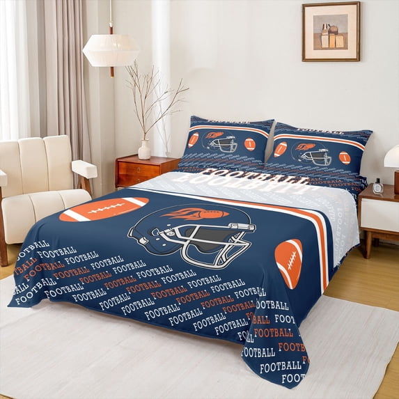 Homewish Cartoon Sport Helmet Queen Sheet Sets for Teen, Modern Football Soccer Lover Flat Sheet, Navy Orange Queen Fitted Sheet, Super Cozy Room Decor, 4-Piece