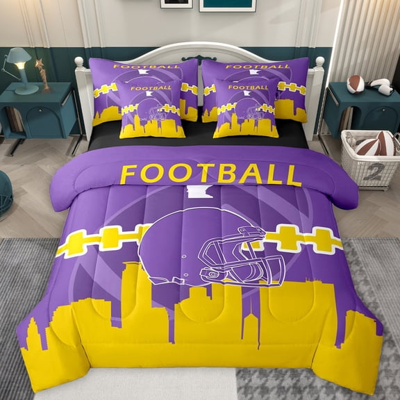 Homewish Cartoon Sport Helmet Twin Bedding Sets 7-Piece for Teen, Modern Football Soccer Lover Bedding Comforter Set, Purple Gold Reversible Sheet Sets, Super Cozy Room Decor