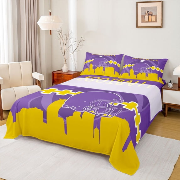 Homewish Cartoon Sport Helmet Twin Sheet Sets for Teen, Modern Football Soccer Lover Twin Fitted Sheet, Purple Gold Flat Sheet, Super Cozy Room Decor, 3-Piece